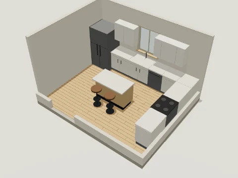 3D model render of an illustrative medium kitchen