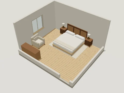 3D model render of an illustrative medium primary bedroom